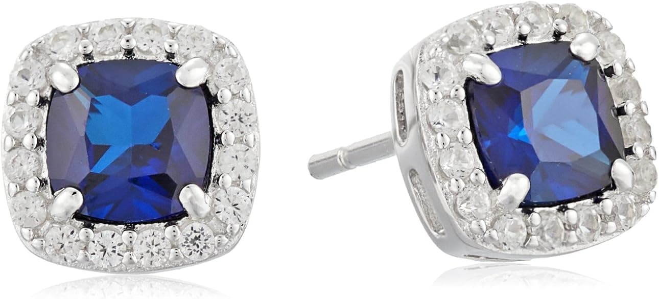 Amazon Collection Sterling Silver Cushion Cut Gemstone and Created White Sapphire Halo Stud Earrings