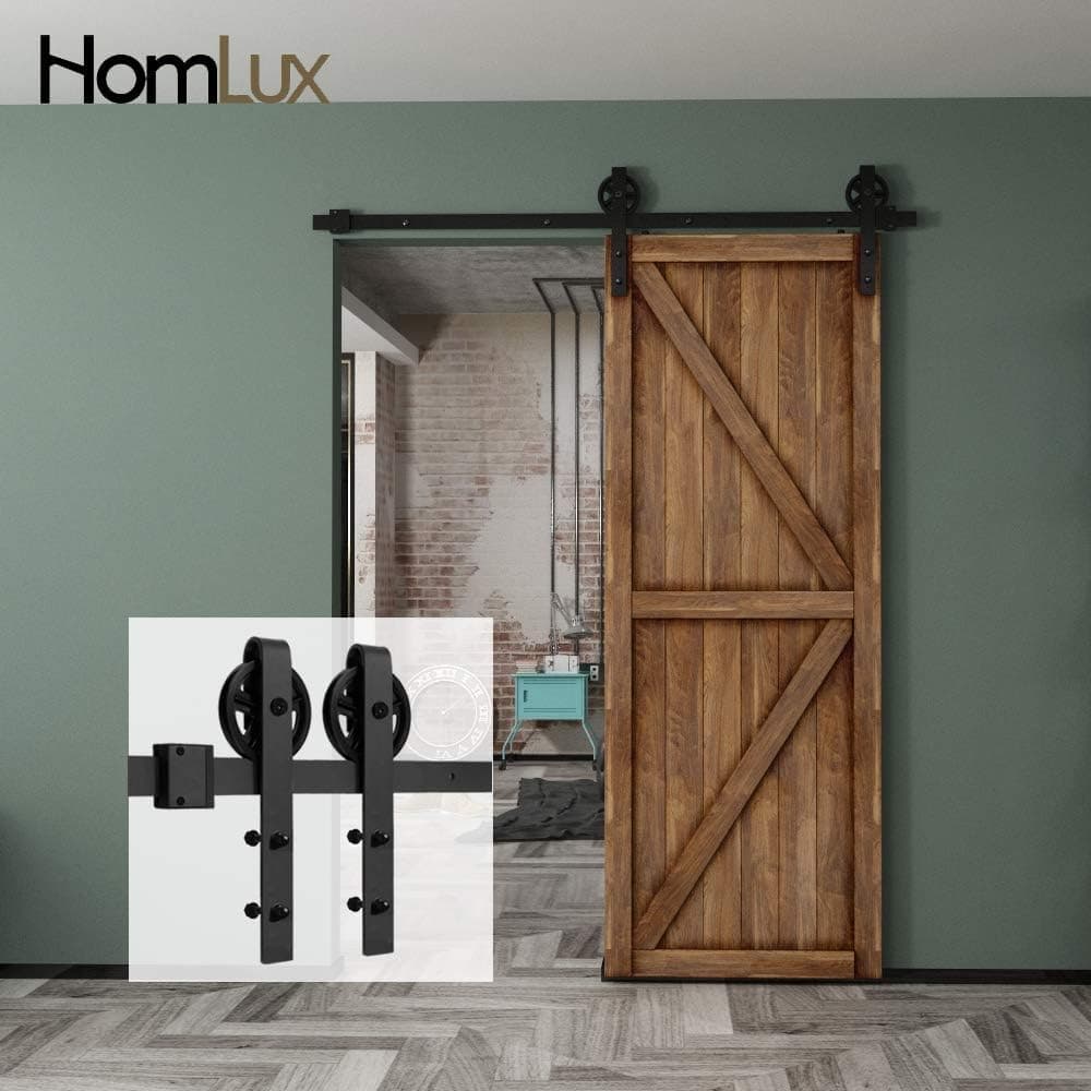 Homlux 5ft Single Door Heavy Duty Sturdy Sliding Barn Door Hardware Kit BigWheel Shape - Smoothly and Quietly - Simple and Easy to Install - Fit 1 3/8-1 3/4" Thickness Door Panel Black
