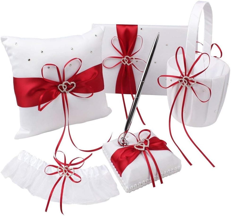 KANECH Wedding Pillow Set, Wedding Flower Basket and Ring Pillow, Red Satin