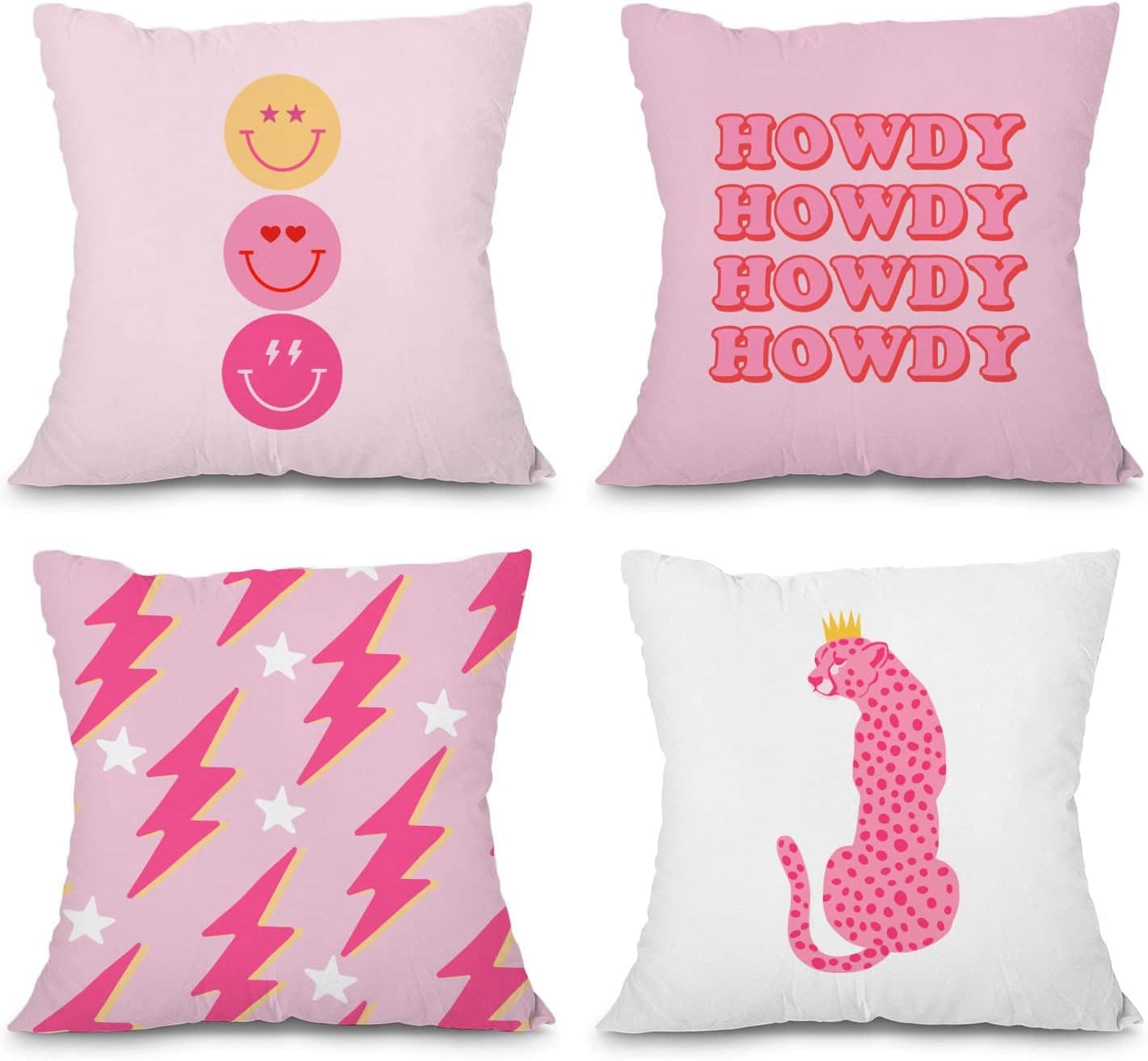 heilkee Preppy Throw Pillow Covers Set of 4 Decorative Soft Pillowcase Hot Pink Preppy Room Decor Aesthetic Smiley Face Square Cushion Case for Sofa Girls Bedroom,18x18 Inches