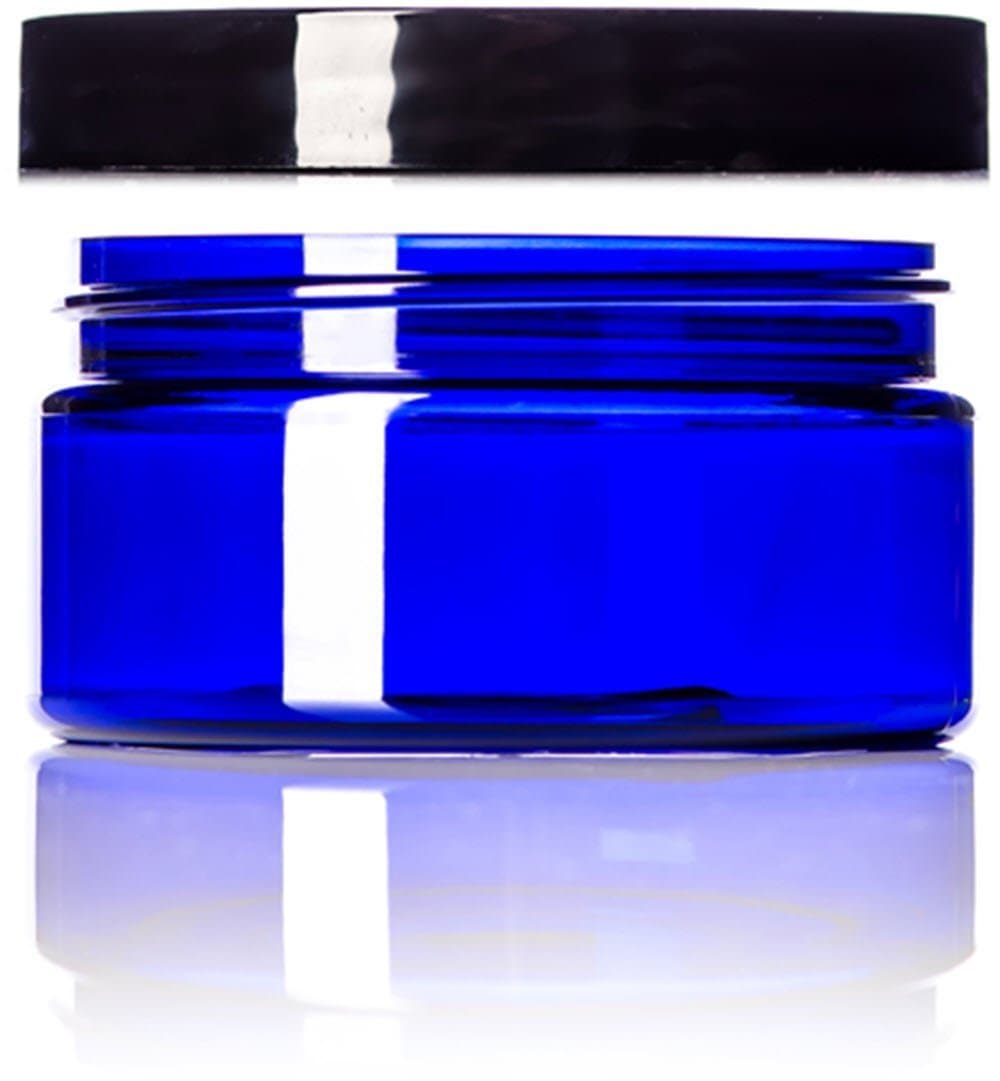 8 Ounce Cobalt Blue Single Wall PET Plastic Jars with Black Twist Lid