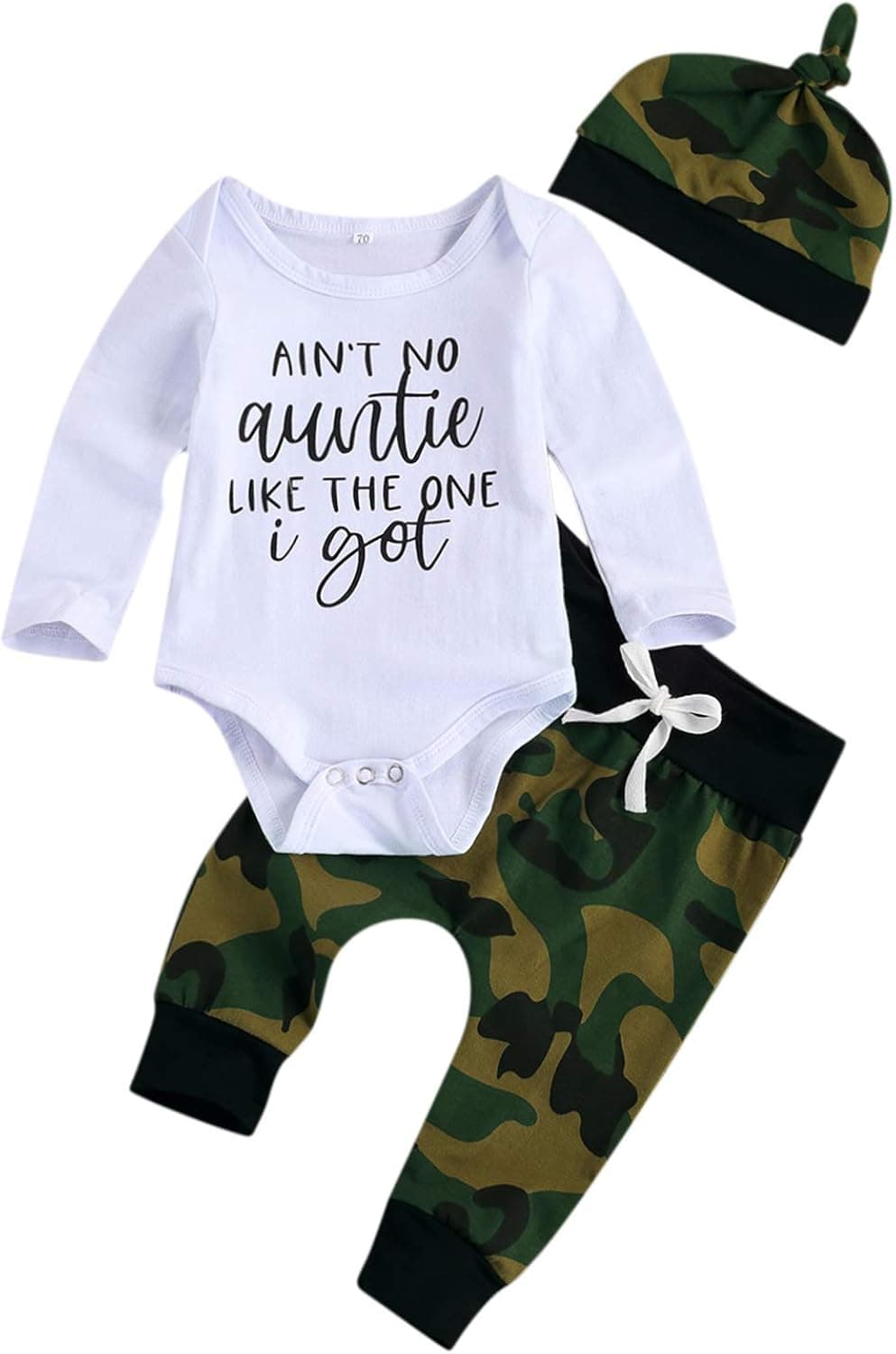 Madjtlqy Aint No Auntie Like The One I Get Baby Boy Clothes Aunties Sayings Bodysuits Camouflage Pants+Hats Romper Set