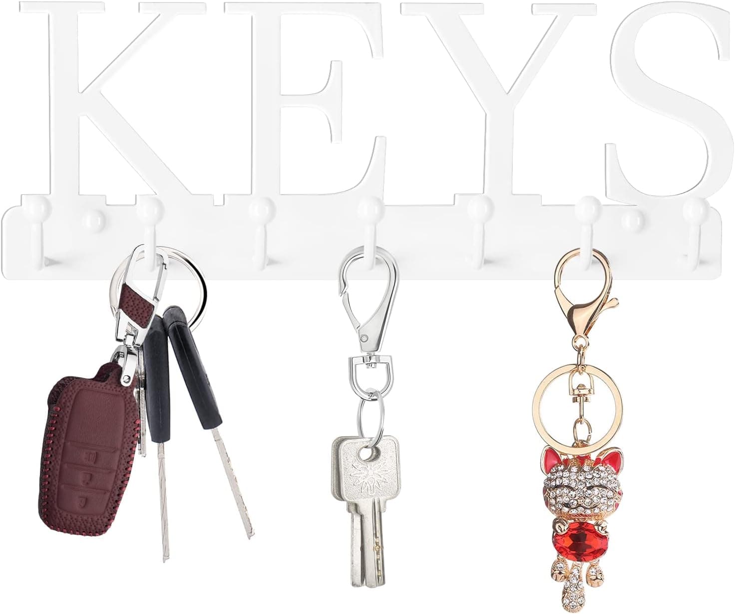 HLWDFLZ Key Holder for Wall - Wall Mounted Key Hangers with 7 Key Hooks, Wall Decorative Organizer Rack for Entryway Mudroom Front Door Kitchen Hallway Office 10 X 4 inches (White Keys)
