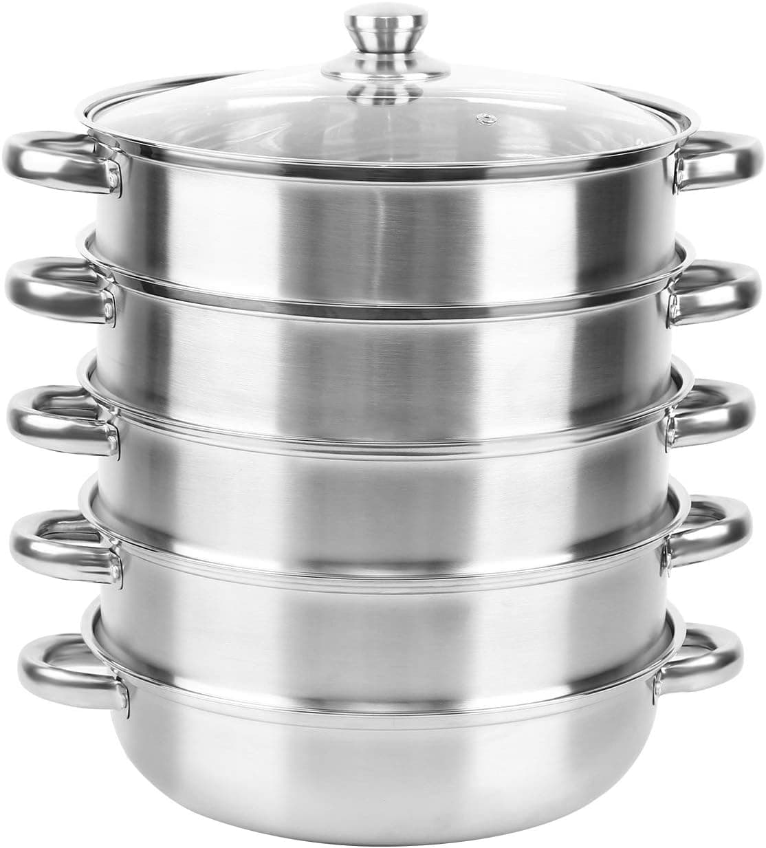 XuanYue Silver 5 Tier Induction Hob 304 Stainless Steel Steamer,3.9qt Each Tier Steaming Cookware Pot with Glass Lid and Anti-scalding Handles 11.81" Diameter