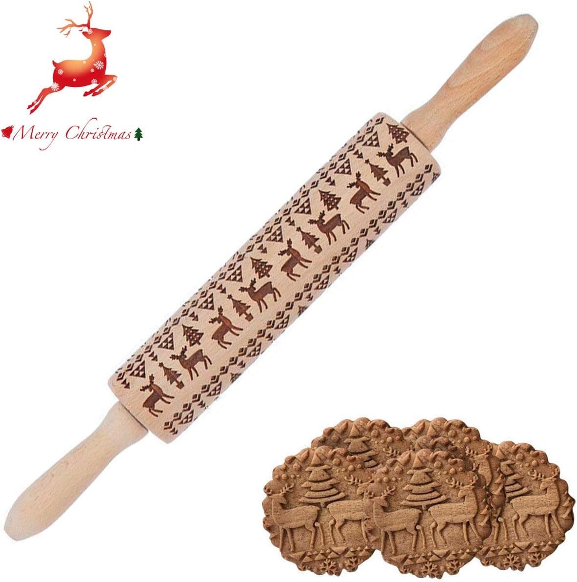 16.9" Christmas Rolling Pins with Patterns for Baking 3d Rolling Pin Reindeer Wooden