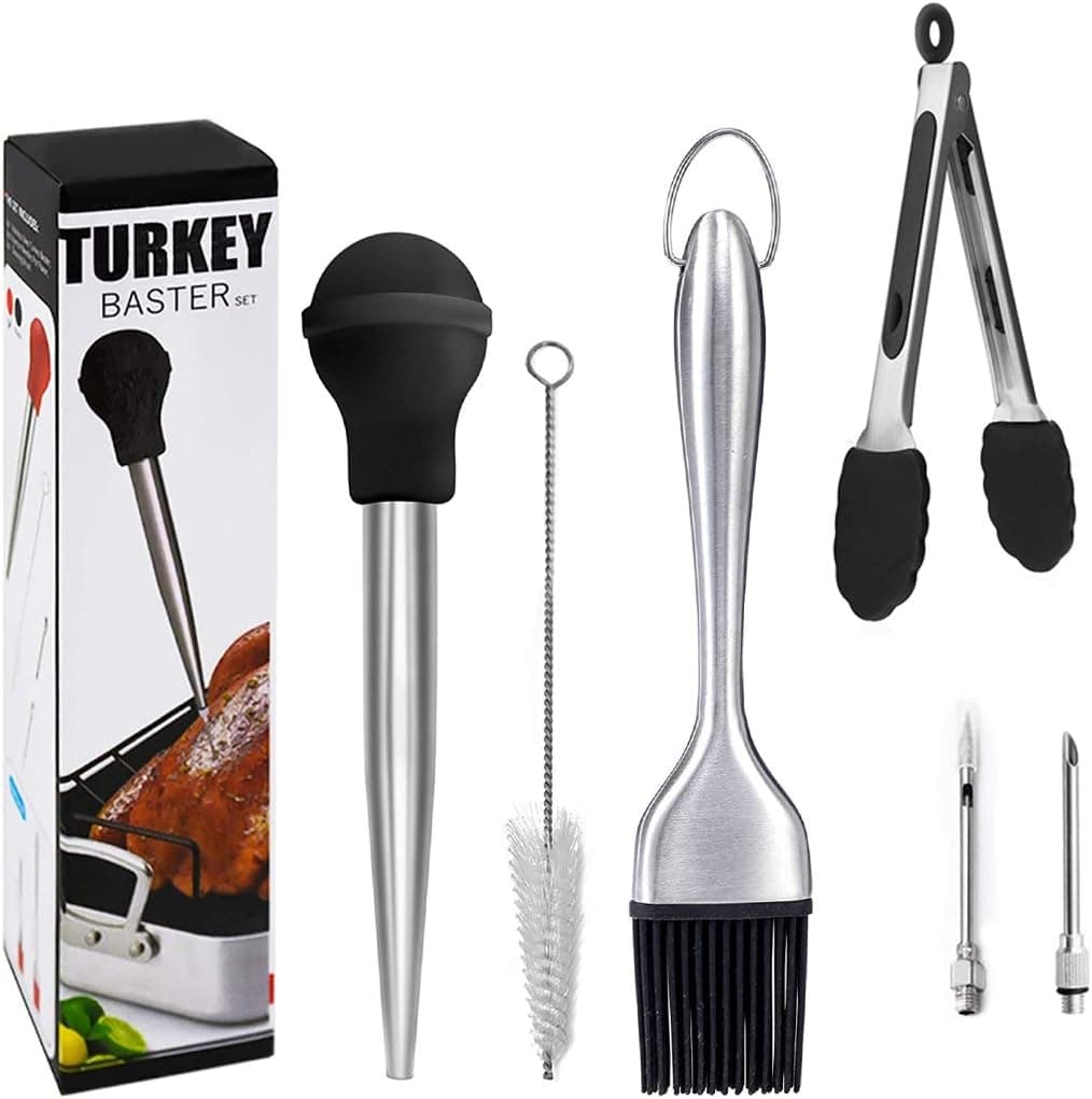 Stainless Steel Turkey Baster, Baster Syringe for Cooking Syringe Meat Baster Turkey Tool Kit including Silicone Cooking Tongs, Silicone Oil Brush, 2xTurkey Pump Flavour Injector, Cleaning Brush