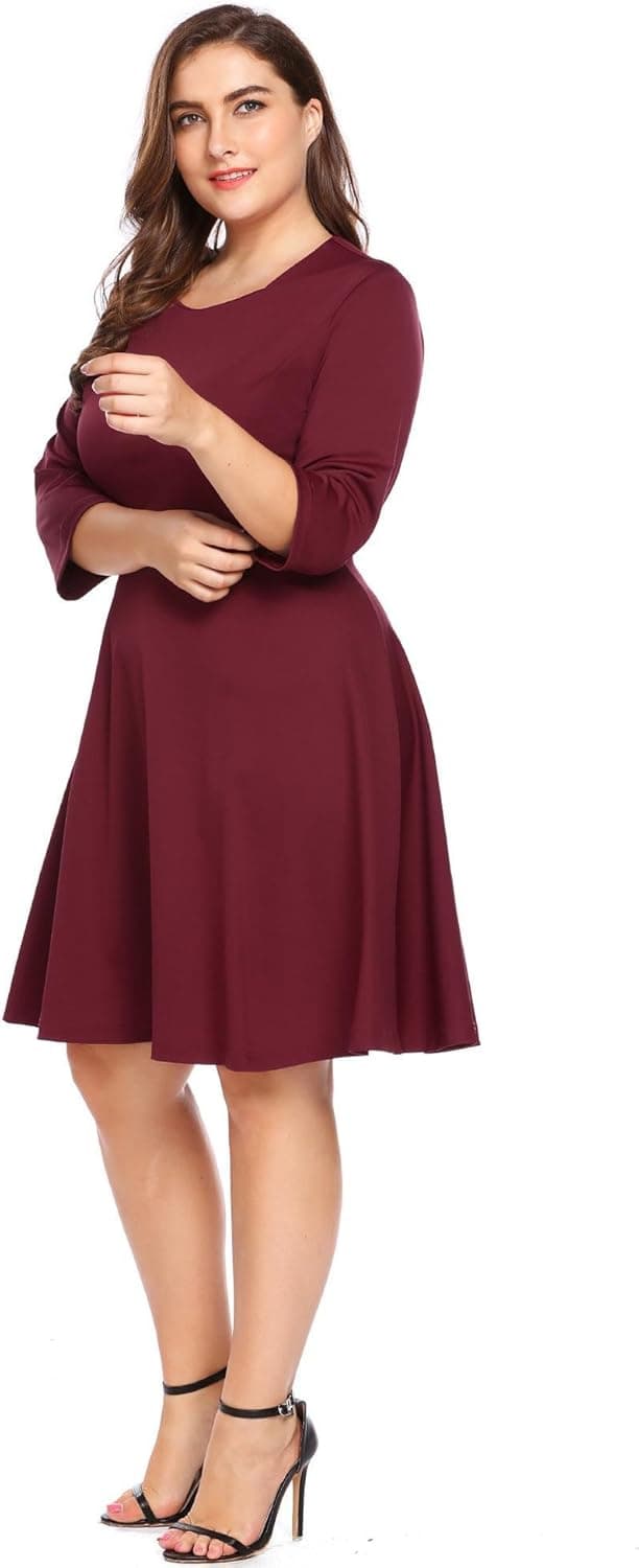 IN'VOLAND Plus Size Women Classic Casual Tunic 3/4 Sleeve Square V Neck Flare Swing Midi Long Cooktail Party Dress,Wine Red,20 Plus