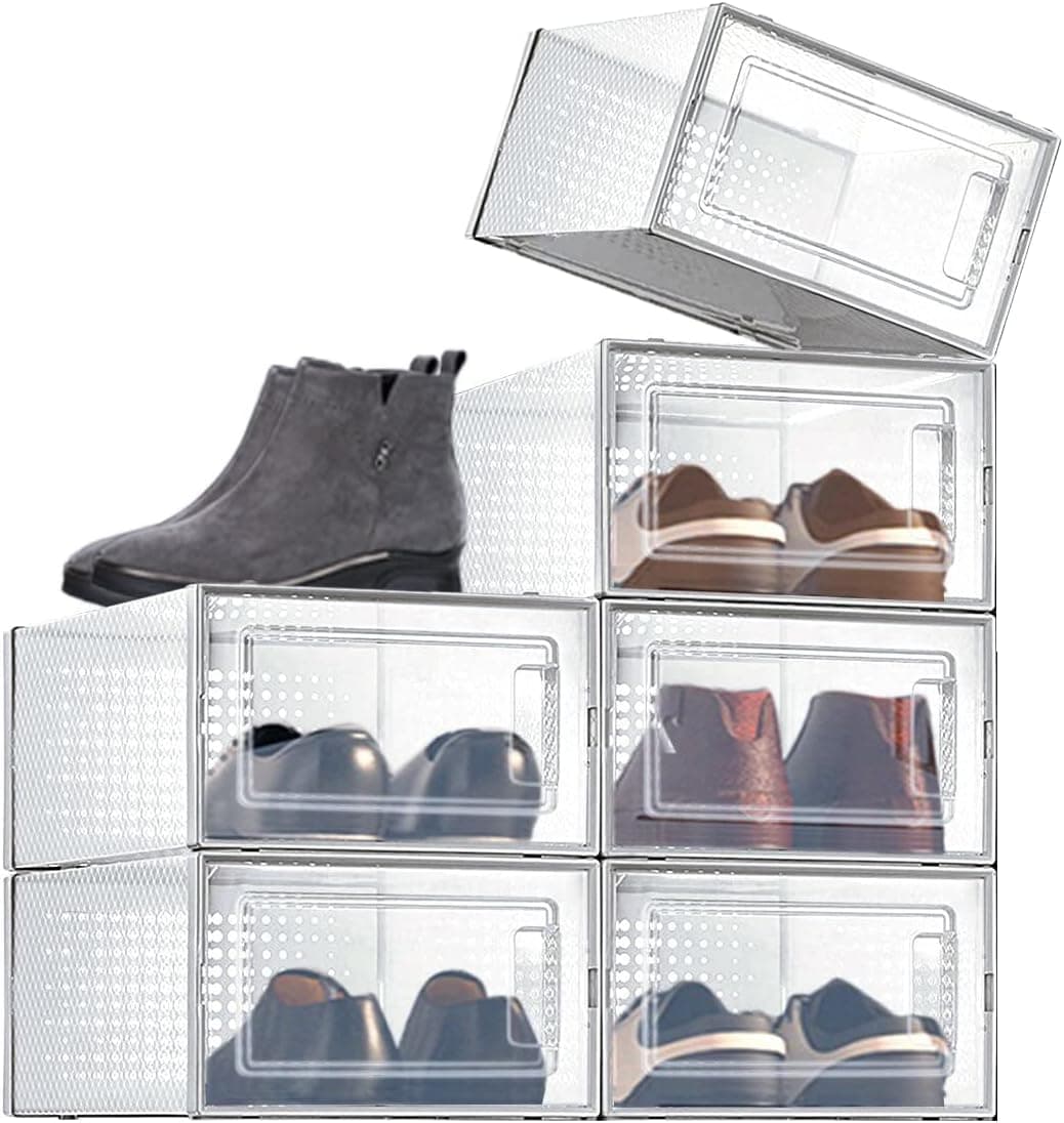 Shoe Storage,Gocamptoo 6 Pack Shoe Box Storage Containers, High Quanlity Stackable Foldable Shoe Rack, Drawer Type Front Opening, Clear Plastic for Closets and Entryway Fit up to US Size 9.5 (GREY)