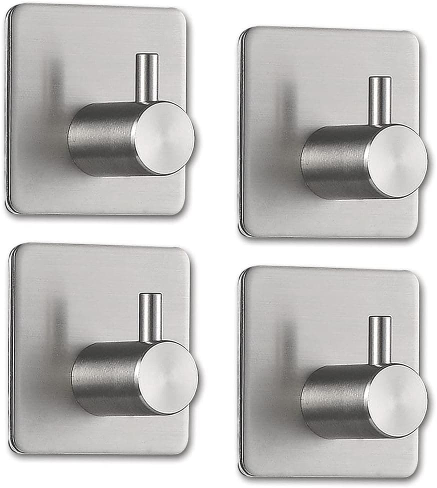 ShineMe Adhesive Hooks Heavy Duty, Waterproof Stainless Steel Stick on Wall Hooks for Hanging Coats, Clothes, Towel Hooks for Bathrooms Bedroom Door Kitchen Office Home (Silver, 4 Pack)