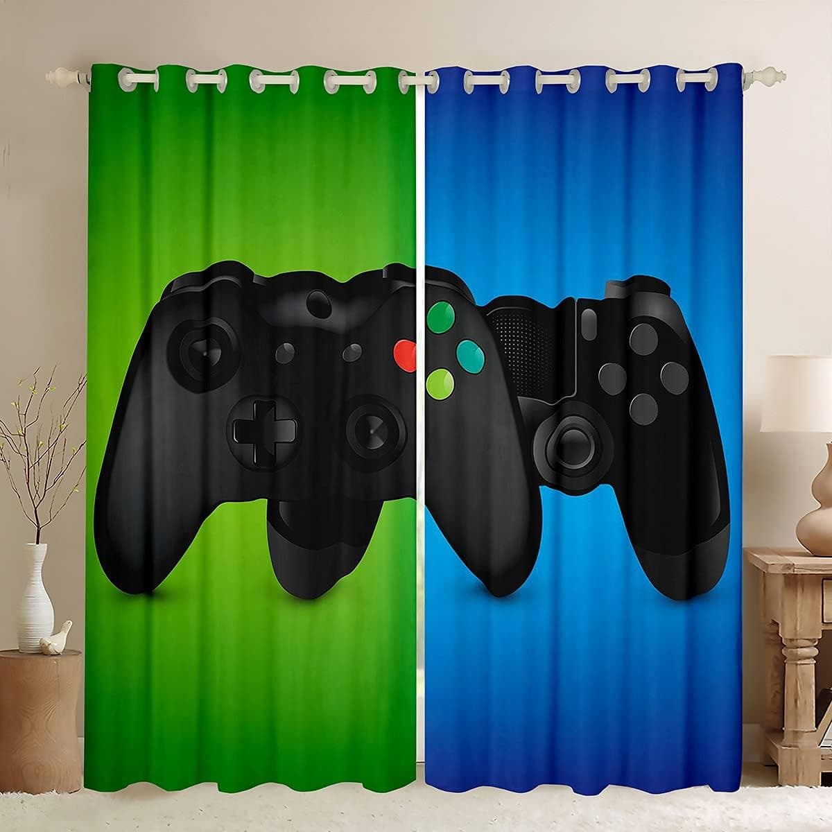 Green Blue Gamepad Curtains Child Kids Game Room Living Room Boys Gamepad Grommet Curtains Girls Vintage Video Game Controller Pattern Digital Bedroom 2 Panel Set,84Wx63L