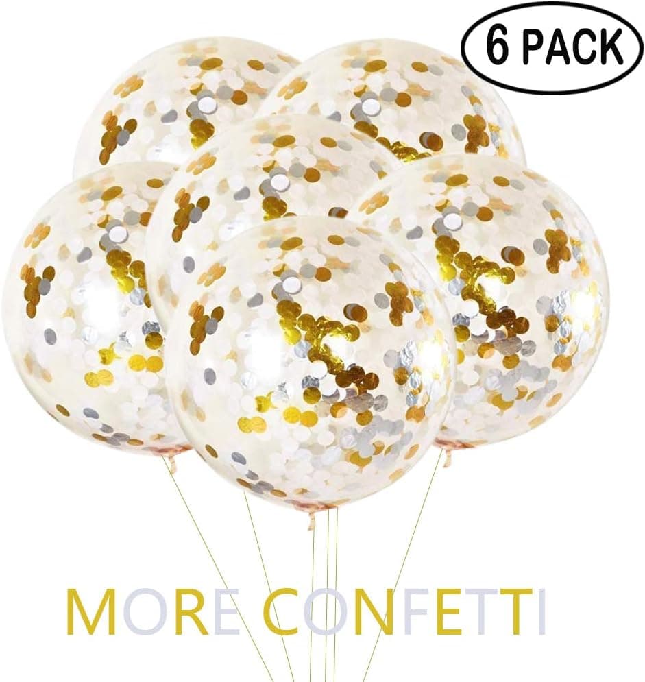 36" Jumbo Confetti Balloons 6 Pack, Clear Balloons with Gold & Silver Confetti Giant Balloons Glitter Balloons for Party Decorations & Wedding Decorations