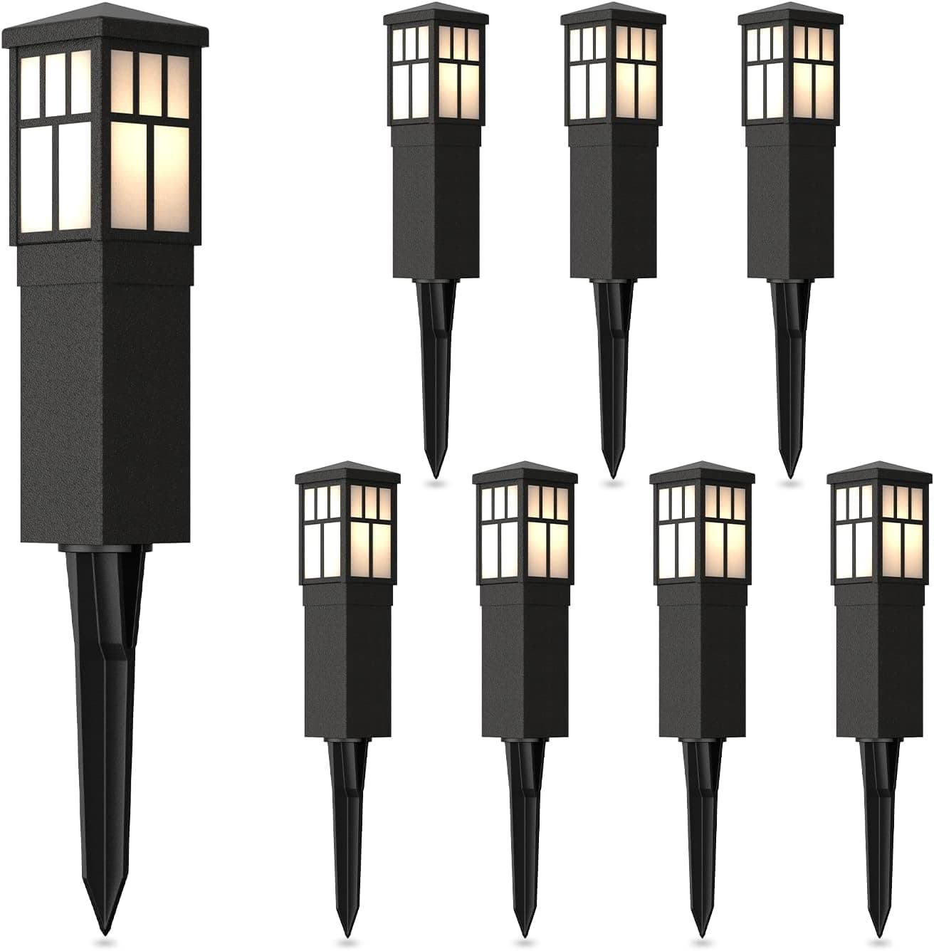 Malibu 8PK Bollard Landscape Lighting Kit 0.6W LED Low Voltage Square Pathway Light 22 Lumen 3200K Warm White Outdoor Hardwired Walkway Lights Black Finish Metal Path Lights with Stakes Connectors