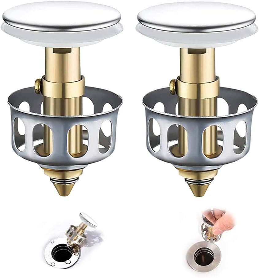 Universal Wash Basin Bounce Drain Filter, No Overflow Pop Up Bathroom Sink Drain Plug with Basket, Universal Kitchen Bathroom Strainer Sink Drain Stopper 1.38'' Diameter (2PACK)