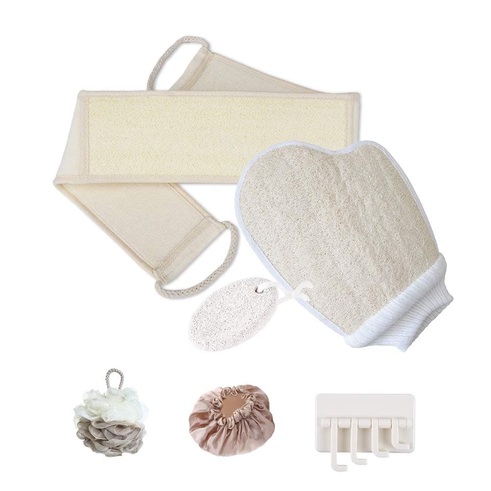 HLZC 6 Pieces Loofah Body Scrubber & Exfoliating Kit, Includes Back Scrubber Bath Glove Pumice Stone Shower Cap (Beige)