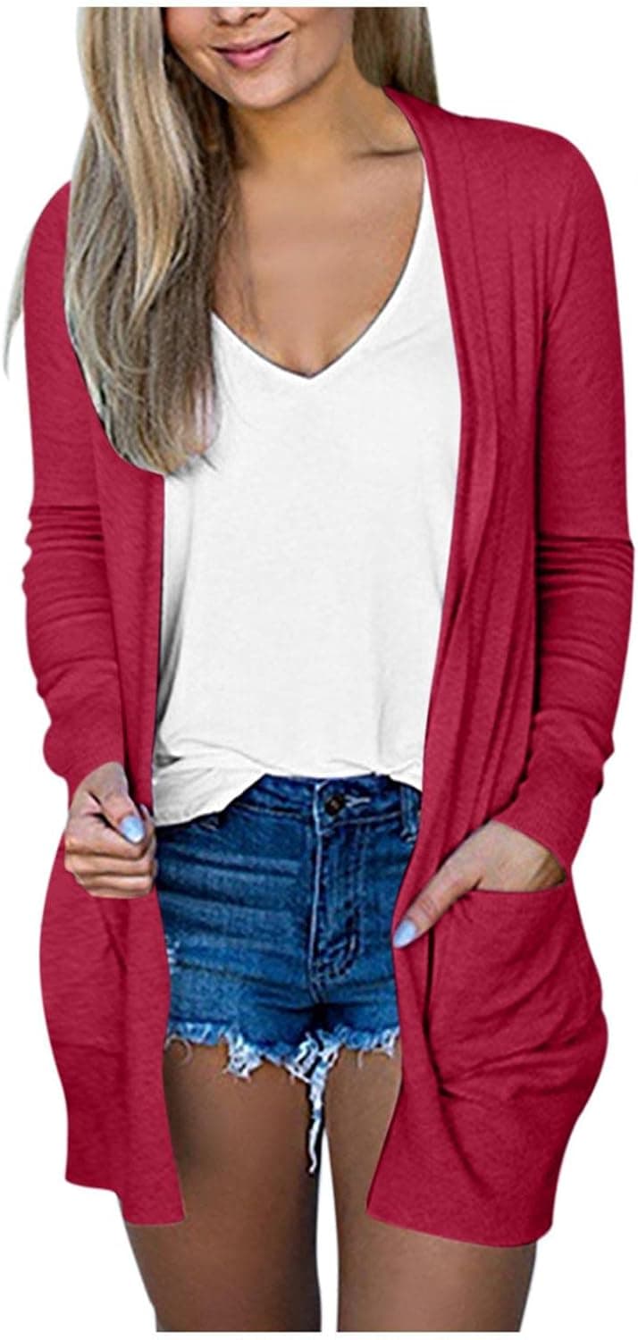 Yaiewey Long Cardigans for Women, Womens Thin Lightweight Open Front Cardigan Sweater Solid Long Sleeve Coat with Pockets
