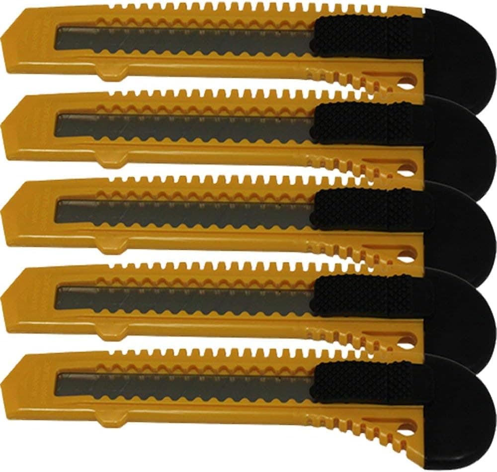 Retractable Utility Knife - 5 Pack 6 Inch Manual-Lock Snap off Blade, Large Size Plastic Body 8 Points Snap Blade -Heavy Duty Stainless Steel Blade - By MotoProducts