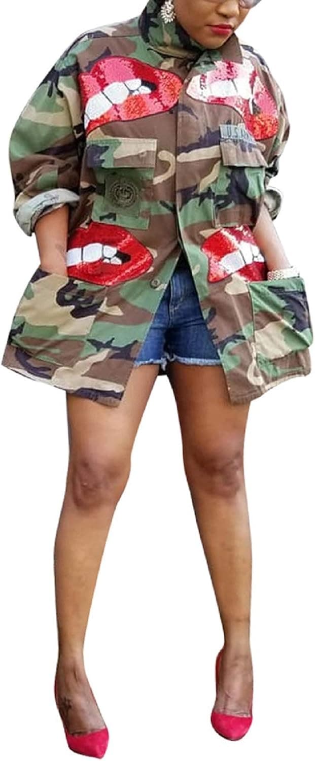 Voghtic Women Casual Camo Jacket Mid-Long Military BF Overcoat Long Sleeve Open Front Blazer with Pockets