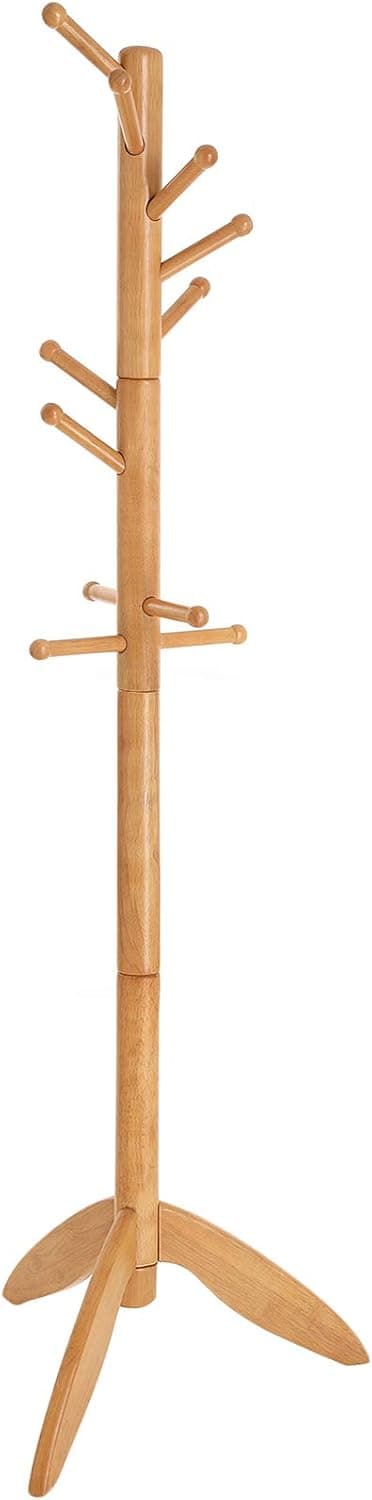 VASAGLE Coat Stand, Solid Wood Coat Rack Free Standing with 11 Hooks, Entryway Hall Tree for Clothes, Hats, Handbags, Rubberwood, Golden Oak