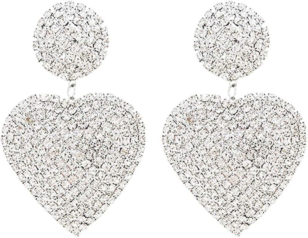 Round Crystal Love Heart Silver Tone Drop Dangle Statement Earrings Bold Fashion Jewelry KELMALL COLLECTION