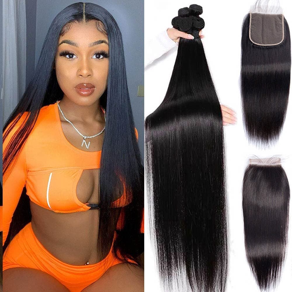 8A Human Hair Bundles with Closure (18 20 22+16 Inch) Brazilian Straight Hair Bundles with Closure Unprocessed Virgin Straight Human Hair Weave 3 Bundles with Lace Closure 4x4 Free Part