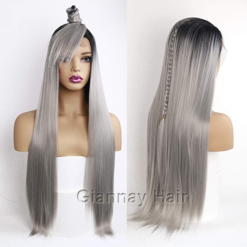 Giannay Hair Ombre Gray Dark Roots Lace Front Wigs Long Natural Straight Silver Grey Replacement Hair Wigs for Women Heat Resistant Fiber Hair Half Hand Tied (26"gray lace front wigs)