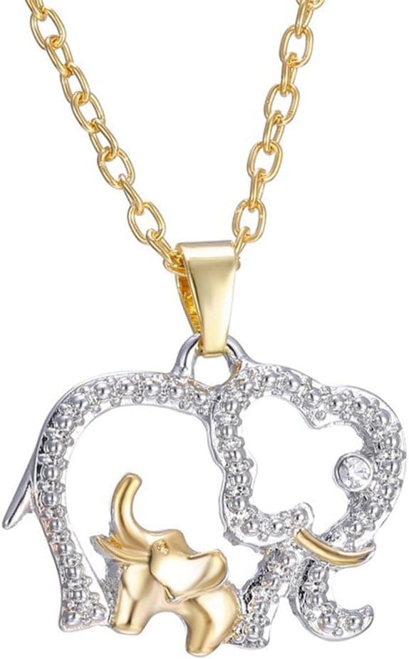 DONGMING Women Two Tone Necklace Mother and Daughter Elephant Pendant Necklace with Cubic Zirconia for Birthday Jewelry Gift
