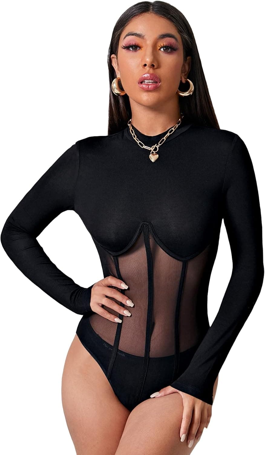 SheIn Women's Stand Collar Long Sleeve Mesh Insert Leotard Top Bodysuit Jumpsuit