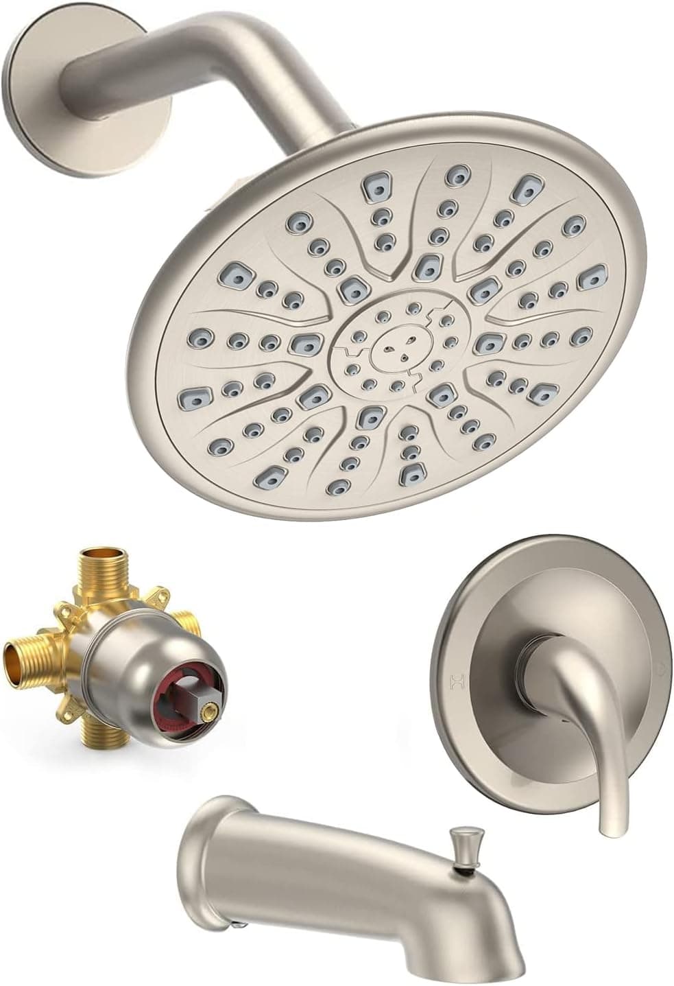 EMBATHER Shower System with Valve, 9-Inch Tub and Shower Faucet Set (Rough-in Valve Included) with 9'' Large Rain Shower Head and Tub Spout, Single-Handle Tub and Shower Trim Kit, Brushed Nickel