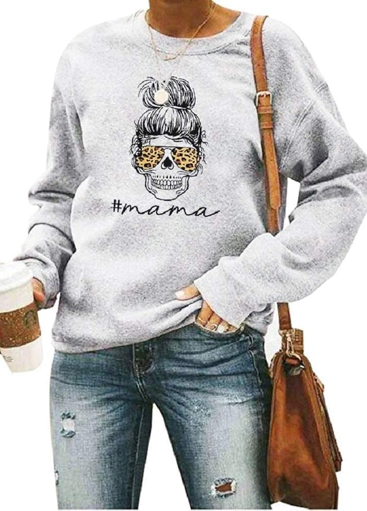 BANGELY Mama Shirts Women Funny Mom Sweatshirt Leopard Skull Graphic Tee Casual Long Sleeve Pullover Tops