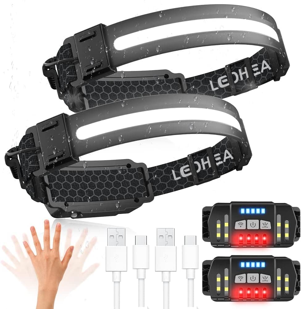 LED Headlamp, 2 Pack Rechargeable Flashlight for Adults, 230° Wide Beam Headlight, Motion Sensor Head Lamp, Adjustable Headband Outdoor Waterproof Head Light for Camping, Hiking(668 2Packing)
