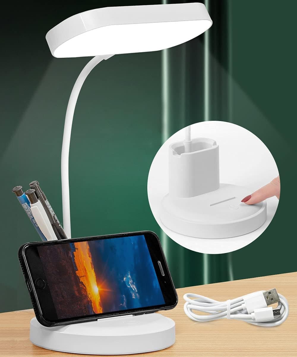 Bemecato LED Desk Lamp - White Desk Light with Pen Holder Phone Holder for Home Office, Small Reading Study Table Lamp for College Dorm Room, Kids Eye-Caring Lamp, 3 Color Modes Stepless Dimming