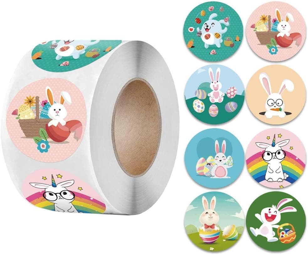 500pcs 1 Inch Easter Stickers Happy Easter Bunny Rabbit Eggs Stickers 8 Patterns Easter Theme Roll Stickers for Kids Easter Art Craft Gift Box Card Party Supplies
