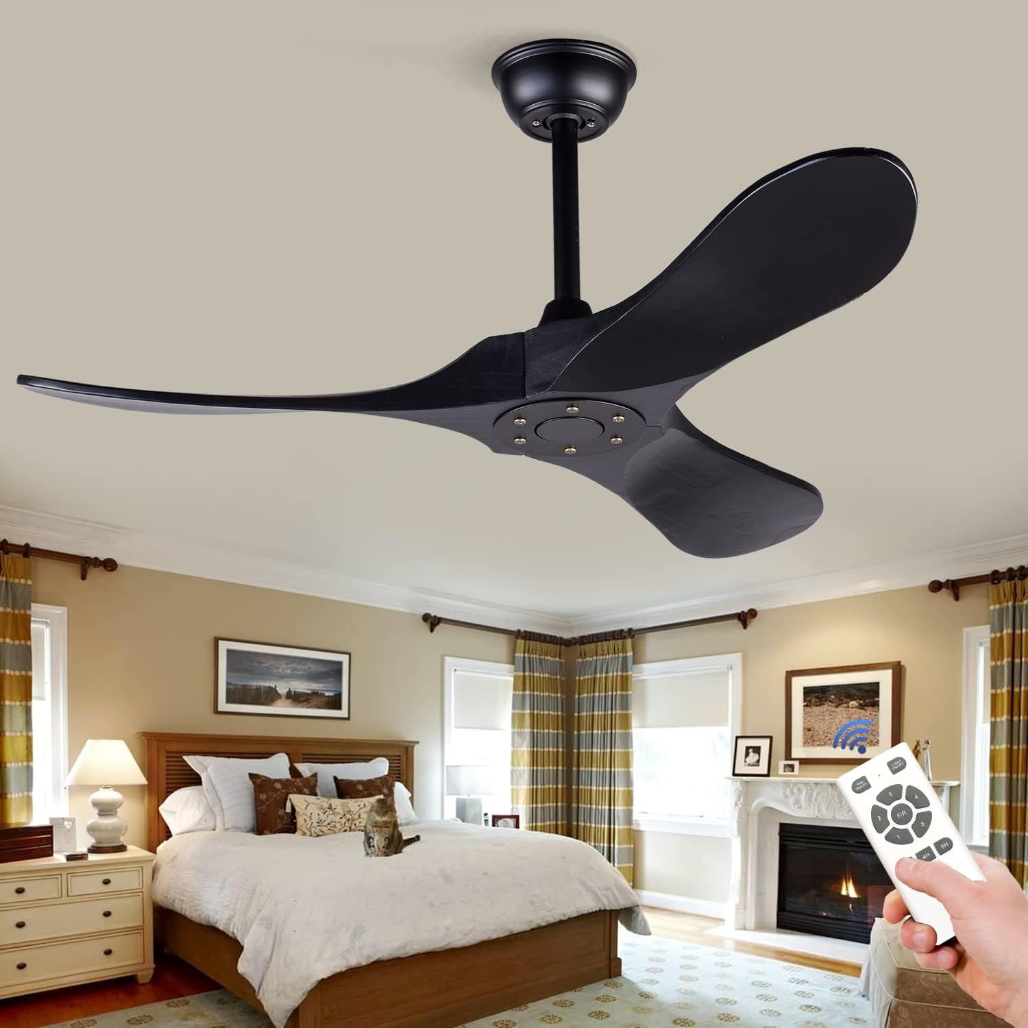 BOJUE 42” Wood Ceiling Fan Without Light Remote Control, Low Profile Ceiling Fan Indoor Outdoor with 3 blade for Patio Living Room, Bedroom, Office, Summer House, Etc (Black Blades)