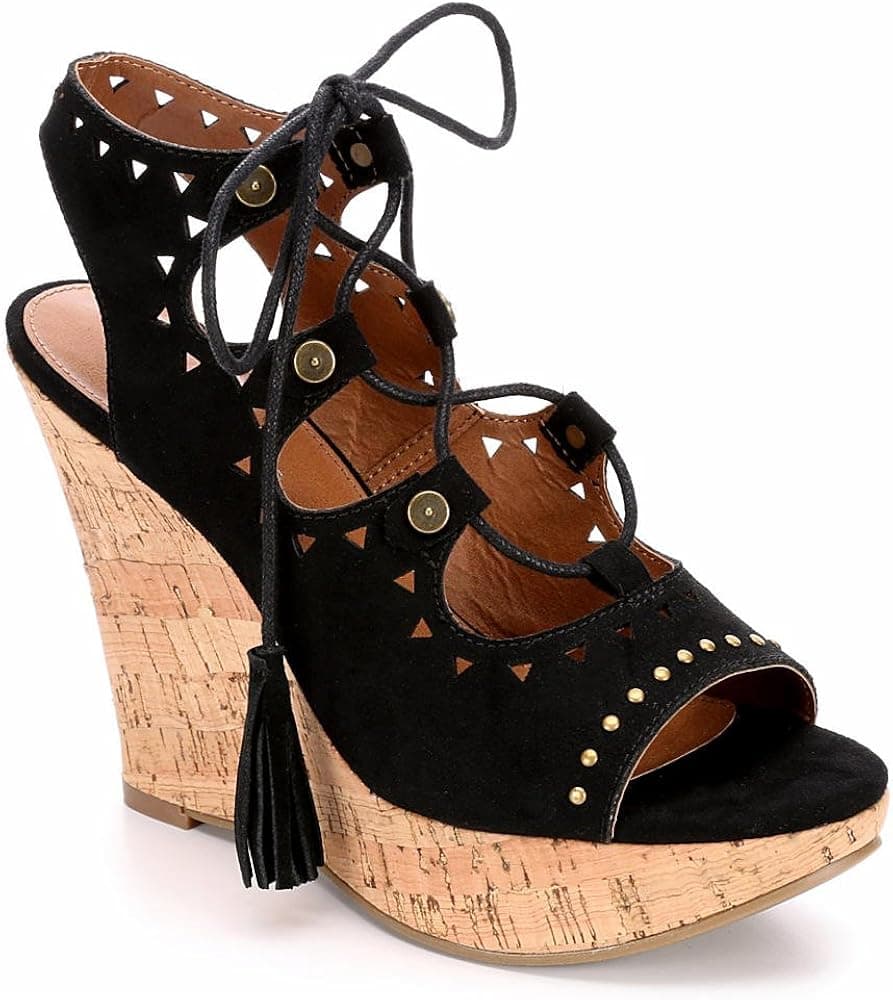 Eva & Zoe Womens Valencia Open Toe Wedge Shoes, Black, US 7.5