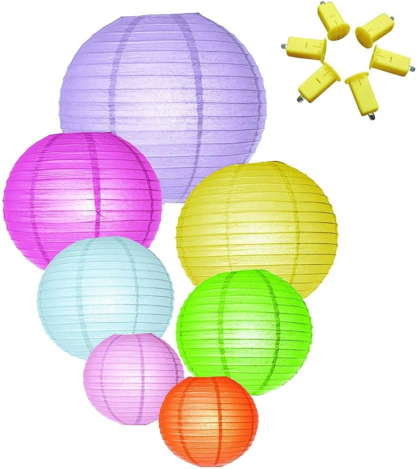 Neo Loons Round Chinese Paper Lanterns with Warm White LED Lights - 7 Assorted Colors Sizes-Birthday/Wedding/Christmas/Ceiling Party Supplies Favors Hanging Decoration