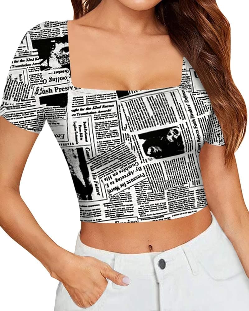 CLOZOZ Women's Square Neck Short Sleeve Basic T-Shirt Crop Top (printnewspaper, XX-Large)