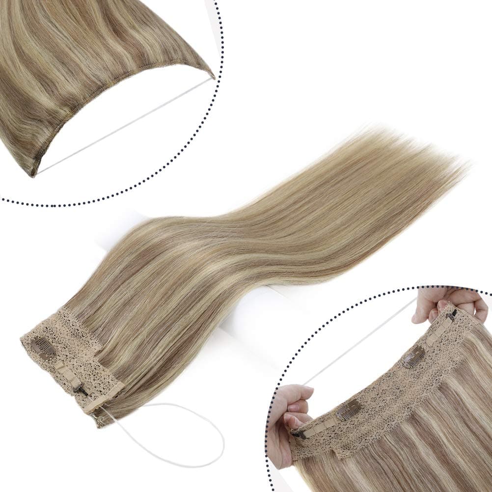 Youngsee 14inch Halo Human Hair Extensions Highlights Ash Blonde with Bleach Blonde Hidden Crown Halo Hair Extensions Human Hair 80g