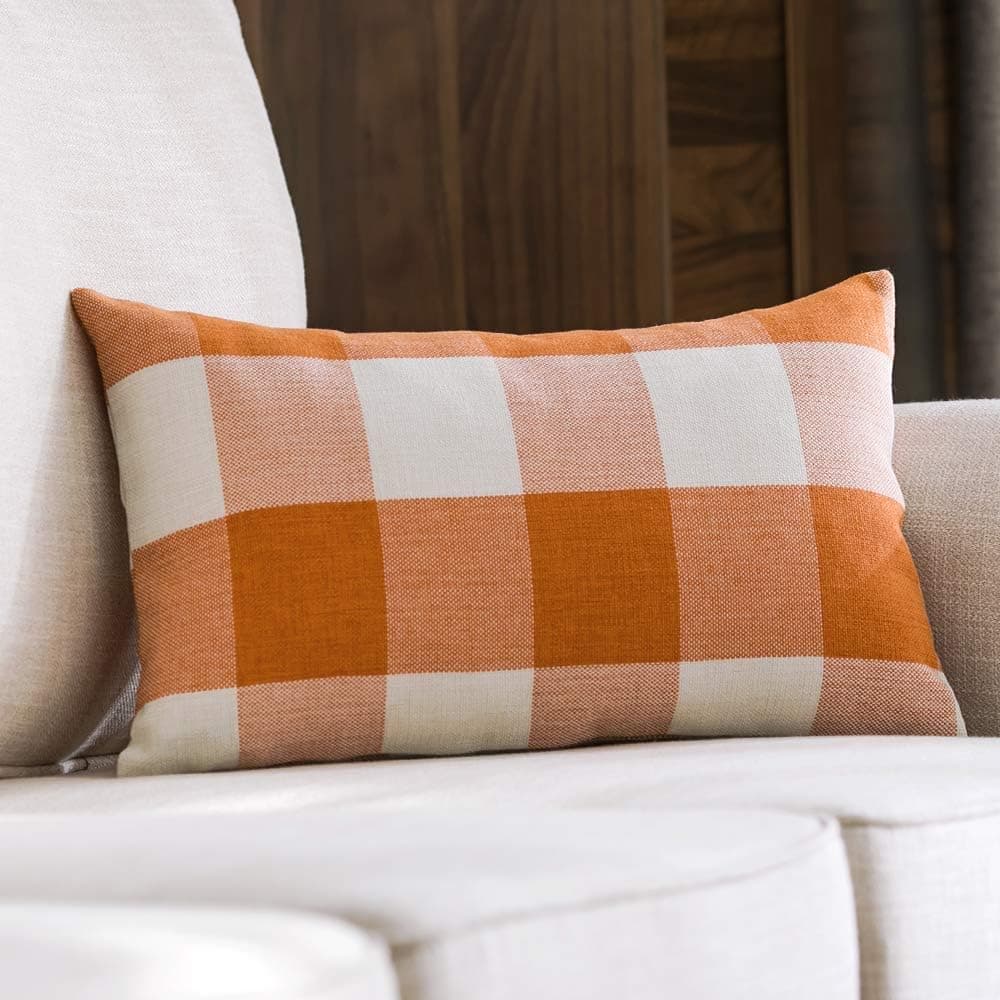 MIULEE Fall Decorative Classic Retro Checkers Plaids Throw Pillow Cover Linen Soft Soild Pillow Case Orange Cushion Case for Sofa Bedroom Car 12 x 20 Inch 30 x 50 Cm
