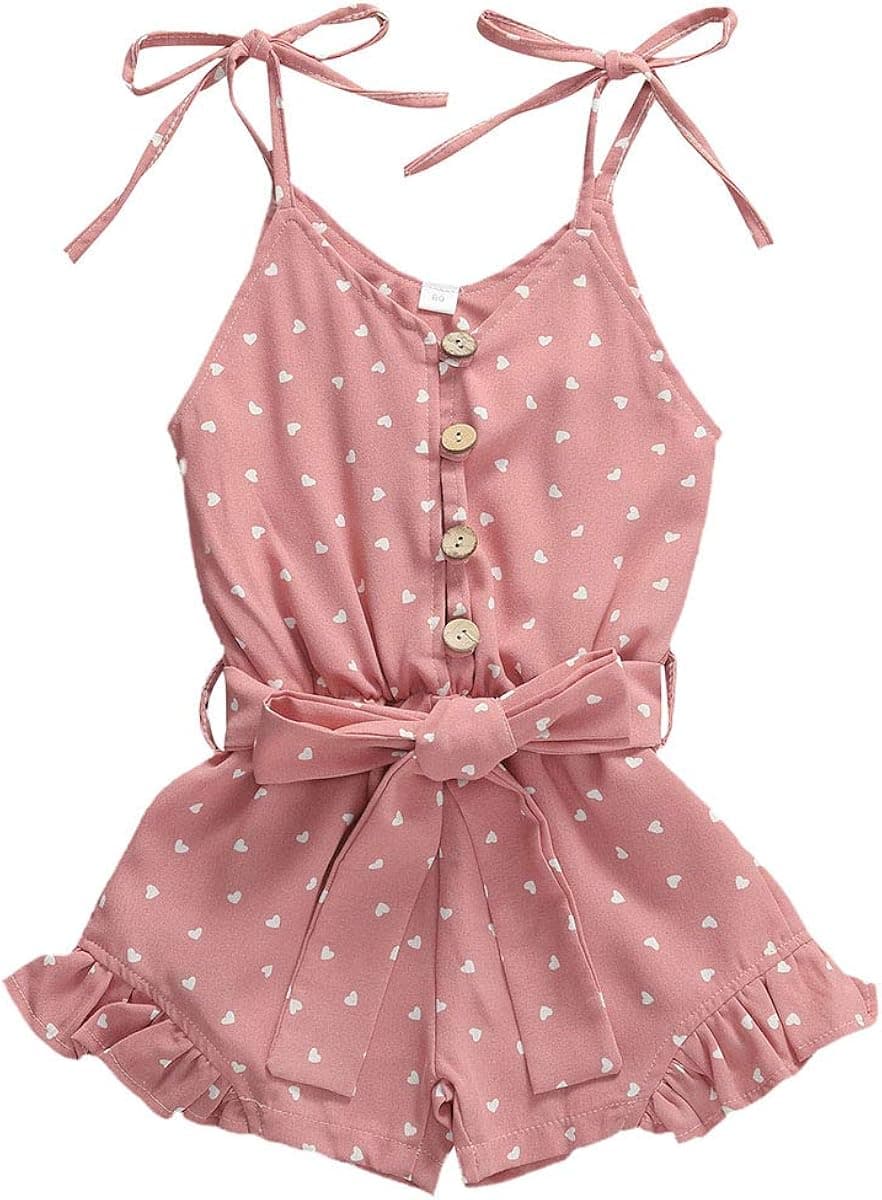 Toddler Baby Girl Clothes Self Tie Sleeveless Romper Heart Shape Print Short Jumpsuit Summer Outfit