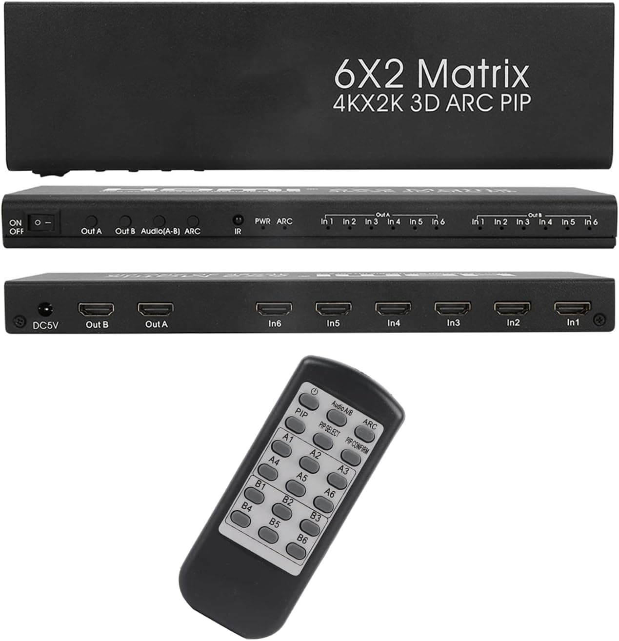 eboxer 1 HDMI Matrix Switch 6 in 2 Out, HDMI Video Switcher Splitter +Optical 4K@30Hz 1080P Audio EDID Extractor with IR Remote Control & Power Adapter(US)