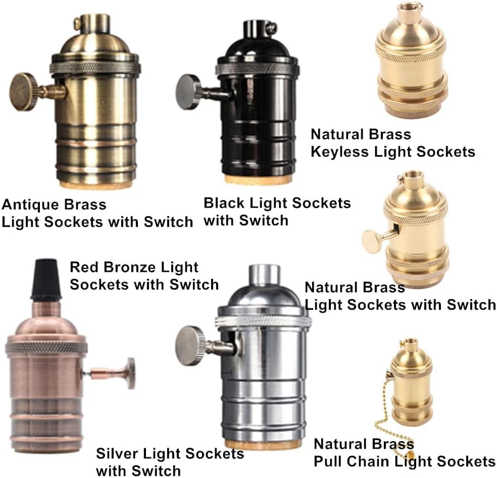 EFINEHOME 2 Pack Lamp or Fixture Replacement, E26/ E27 Solid Brass Industrial Light Socket Vintage Edison Pendant Lamp Copper Holder with Switch (Antique Brass)