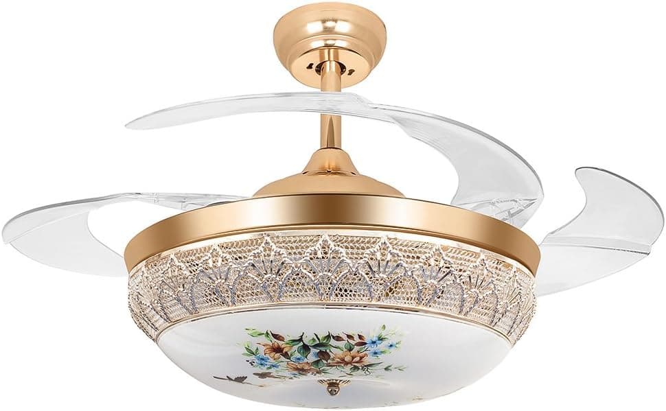 Huston Fan 42-Inch Decorative Ceiling Fan Remote Control Crystal Ceiling Fan With Retractable Blades Bedroom Chandelier Living Room Ceiling Light (42 inch, Gold4)