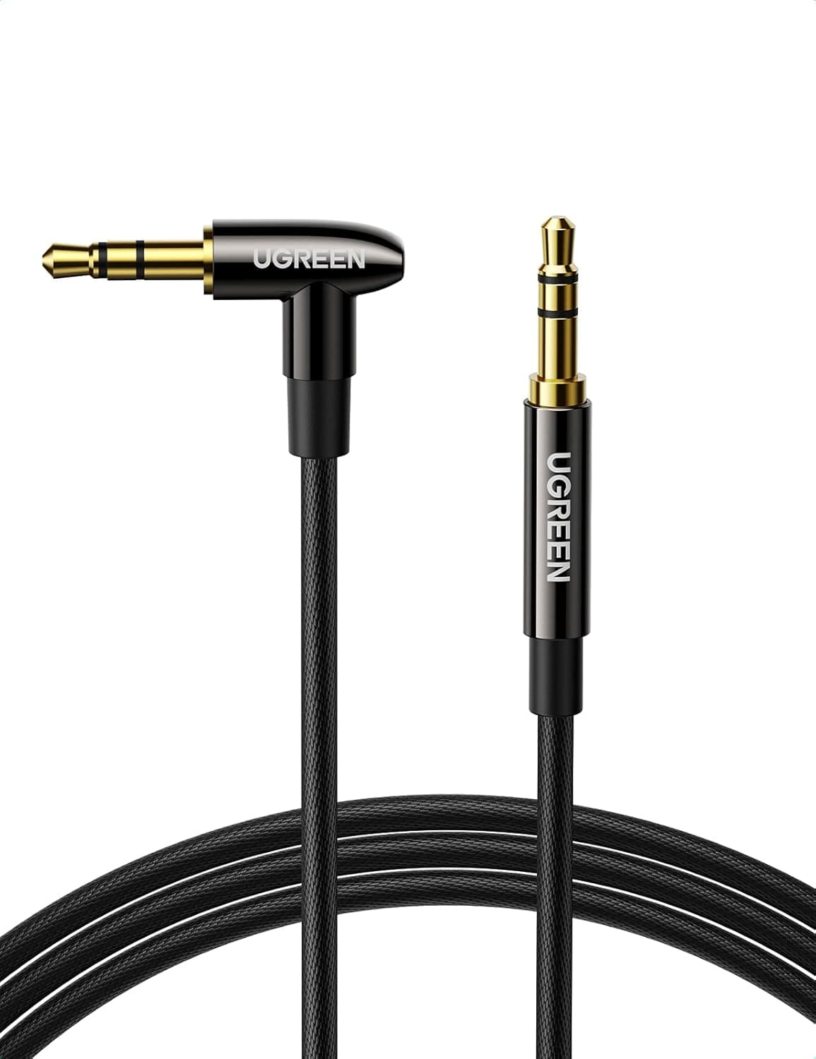 UGREEN 3.5mm Audio Cable Hi-Fi Sound Stereo Nylon Braided Male to Male Aux Cord 90 Degree Aux Cable Gold Plated Compatible with iPod iPad Tablets Headphone Speakers Home Car Stereos, 6FT