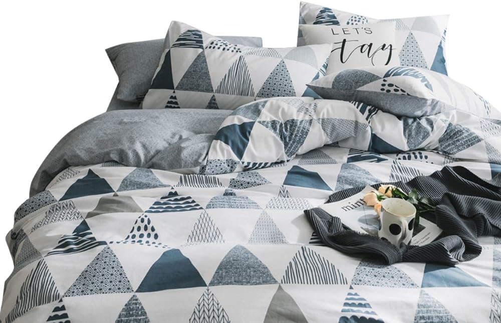 BoxHome Triangle Bedding Duvet Cover Geometric Cotton King Bedding Collections Reversible Breathable Soft 3 Pieces Bedding Sets with 2 Pillowcases Zipper Closure