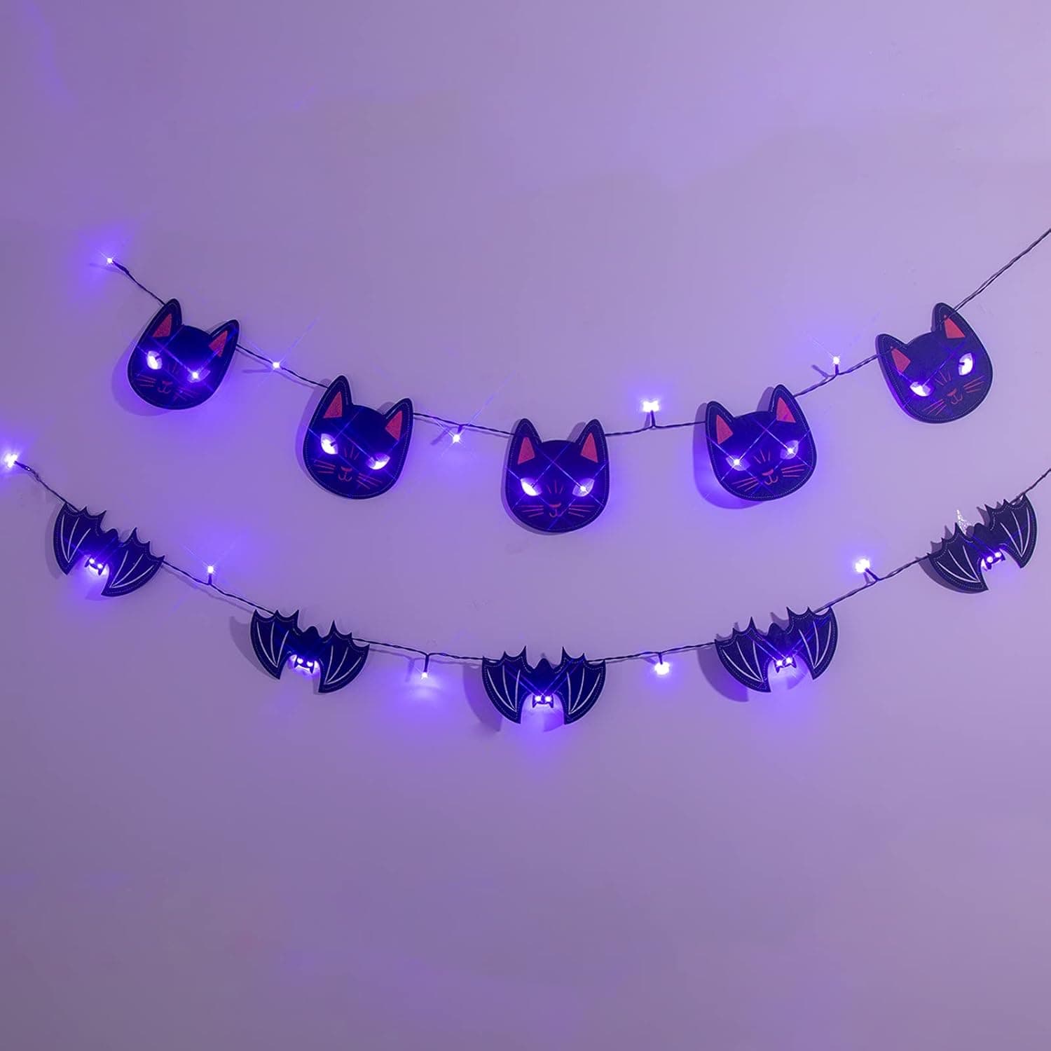 PEIDUO Halloween Purple Banner String Lights, Set of 2 with Black Cats and Bats Ornaments Purple LED Hanging Lights Battery Powered Fairy Lights Decoration for Halloween Bedroom Party Decorations