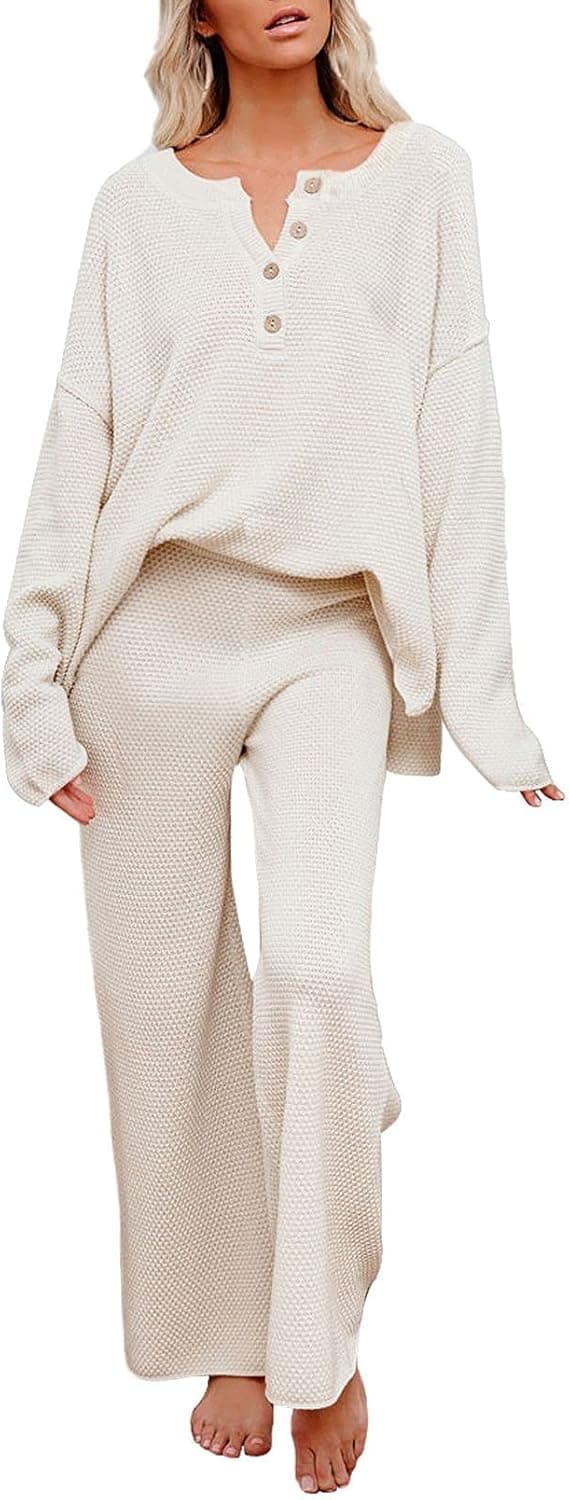 Uusollecy Women 2 Piece Sweater Outfit Set Long Sleeve Pullover Knit Lounge Set Knit Wide Leg Pants Tacksuit Loungewear