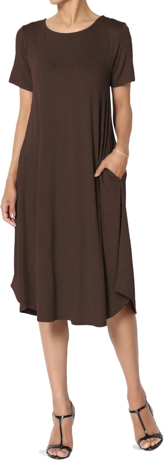 Women's Summer Casual Boho Short Sleeve Swing Below Knee Midi T-Shirt Dress