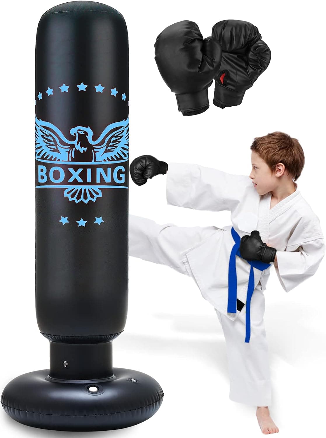 Inflatable Punching Bag for Kids 63 inch Freestanding Boxing Punching Bag for Kids with Gloves, Punching Bag with Stand Adult Bounce Back Boxing Bag for Practicing Karate, Taekwondo, MMA(with Gloves)