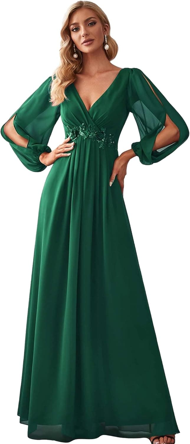 Ever-Pretty Women's Elegant V-Neck Long Sleeve A-line Chiffon Floor Length Mother of The Bride Dress 0461-USA