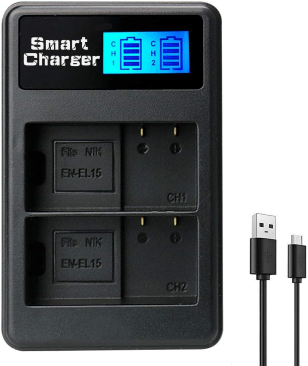 EN-EL15 Battery Charger, EN-EL15A Smart Dual Charger for Nikon Z6, Z7, D850, D810, D810A, D800, D800E, D7500, D7200, D7100, D7000, D750, D810, D610, D600, D500, 1v1 Cameras